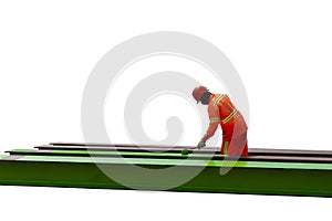 Construction worker painting green color on i beam steel.