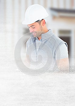 Construction Worker with pen chart in front of construction site with transition effect