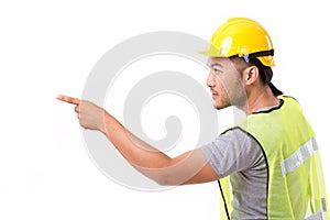 Construction worker pointing sideway photo