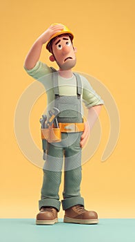 Construction Worker Pondering a Problem with a Yellow Background