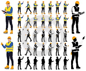 Construction worker poses wearing helmet and vest. Different color options. Silhouette set.Vector illustration isolated on white