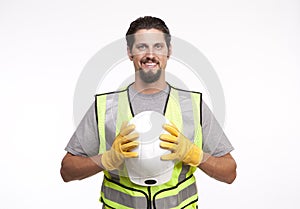 Construction worker posing with a hardhat