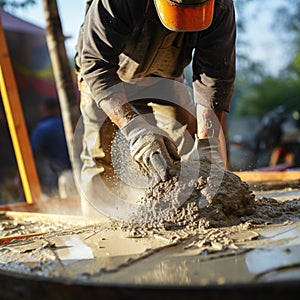 Construction worker pours ready-mix concrete from a cement mixer truck.