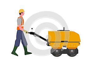 Construction worker pushing small steamroller. Simple flat illustration.