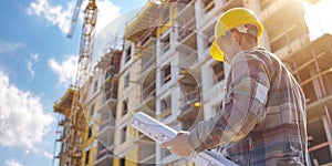 Construction Worker Examining Blueprints at a Building Site