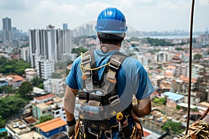 Construction worker on rooftop in safety gear overlooking city