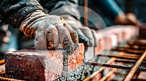 Construction worker's hand placing bricks for building mortar in a brick wall project