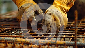 Construction worker& x27;s hands skillfully tying rebar at a construction site