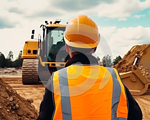 Construction worker in safety helmet. Engineer building man in protective suit. Generative AI