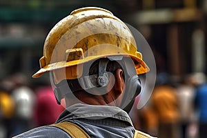 Construction Worker with Safety Helmet Seen from Behind. AI