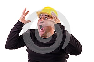 Construction worker screaming in terror photo