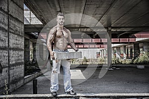 construction worker shirtless with muscular