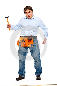 Construction worker showing monkey with hammer