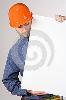 Construction worker with sign