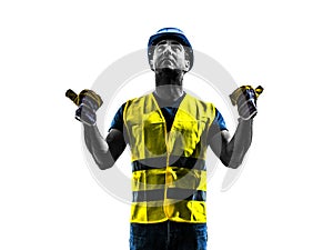 Construction worker signaling safety vest extend boom silhouette photo