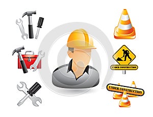 Construction worker, signs, and tools