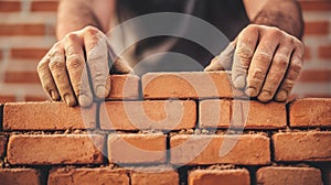 A construction worker skillfully lays bricks, creating a sturdy wall amidst a blurred backdrop of activity