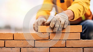 A construction worker skillfully lays bricks, creating a sturdy wall amidst a blurred backdrop of activity
