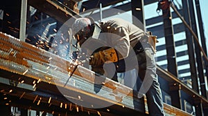 A construction worker skillfully maneuvers the welding torch creating a seamless weld on a large steel beam photo