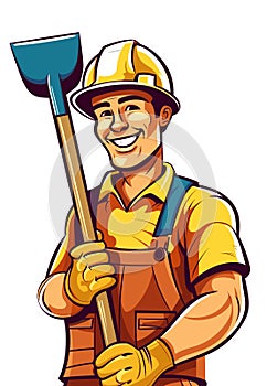 construction worker smiling and holding a shovel wearing hard hat and yellow bib