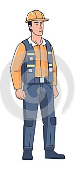 Construction worker standing confidently, protective helmet, blue and orange uniform. Skilled laborer, safety gear