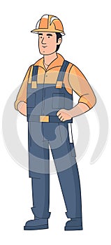 Construction worker standing confidently with safety helmet. Male builder in work clothes and hard hat vector