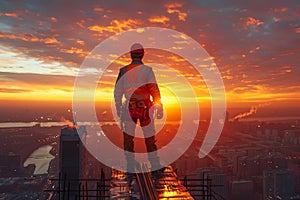 Construction worker standing on high-rise building during sunset, overlooking cityscape