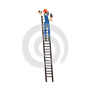 Construction Worker Standing on Ladder, Male Builder Character Wearing Uniform and Protective Helmet Building House