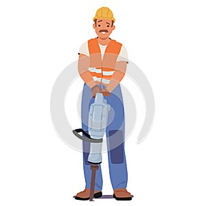 Construction Worker Stands Firmly, Gripping A Jackhammer, Ready To Break Ground With Determination And Strength