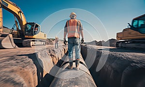 Construction worker stands on pipeline at construction site back view
