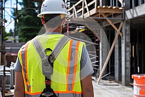 A construction worker stands wearing a safety vest and hard hat while on the job site, An IoT-enabled construction wearable that