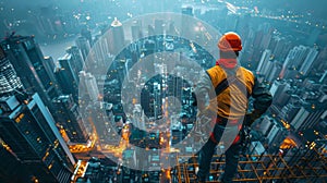 Construction worker striking pose on skyscraper with dramatic cityscape backdrop