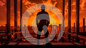 A construction worker on the structure of building at sunset. Generative AI