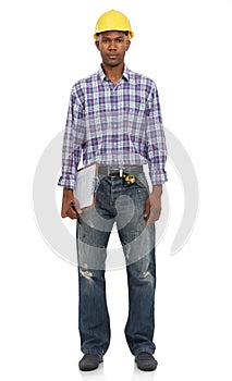 Construction worker, studio portrait and checklist by white background for inspection, success or goal. Black man, model