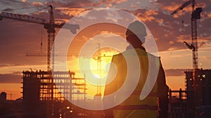 The construction worker at sunset. AI generated