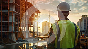 The construction worker at sunset. AI generated