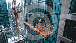 Construction Worker on a Suspended Platform Cleaning Windows on a Skyscraper