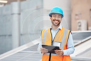 Construction worker, tablet and portrait of man with research and digital data for solar panel installation. Happy