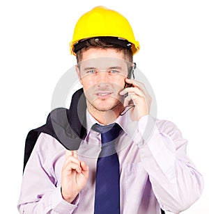 Construction worker talking on the phone