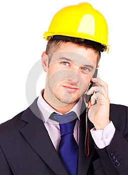Construction worker talking on the phone