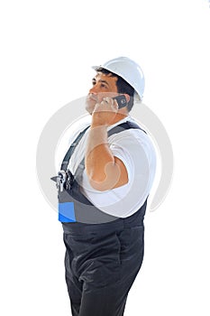 Construction worker talking on the phone