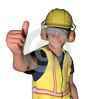 Construction worker thumbs up cartoon man isolated on white background 3D illustration