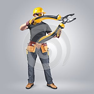 Construction worker with tool belt and pliers