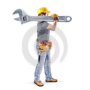 Construction worker with tool belt and wrench