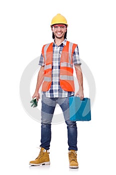 Construction worker with tool box isolated on