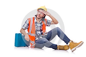 Construction worker with tool box isolated on