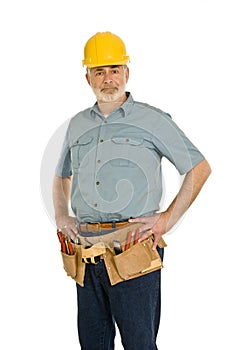 Construction Worker With Toolbelt And Hardhat photo