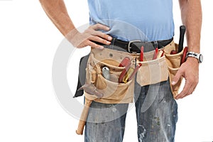 Construction worker, tools bag and man on a white background for engineering, maintenance and building. Manual labor