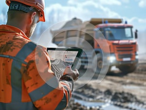 A construction worker in uniform stands at the building site, holding a digital tablet and checking data for the ongoing roadwork photo