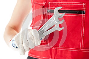 Construction worker in uniform on white background